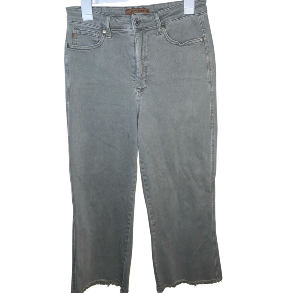 JUDY BLUE Grayish Green Wide Leg Raw Hem Crop Denim Jeans - Picture 3 of 7
